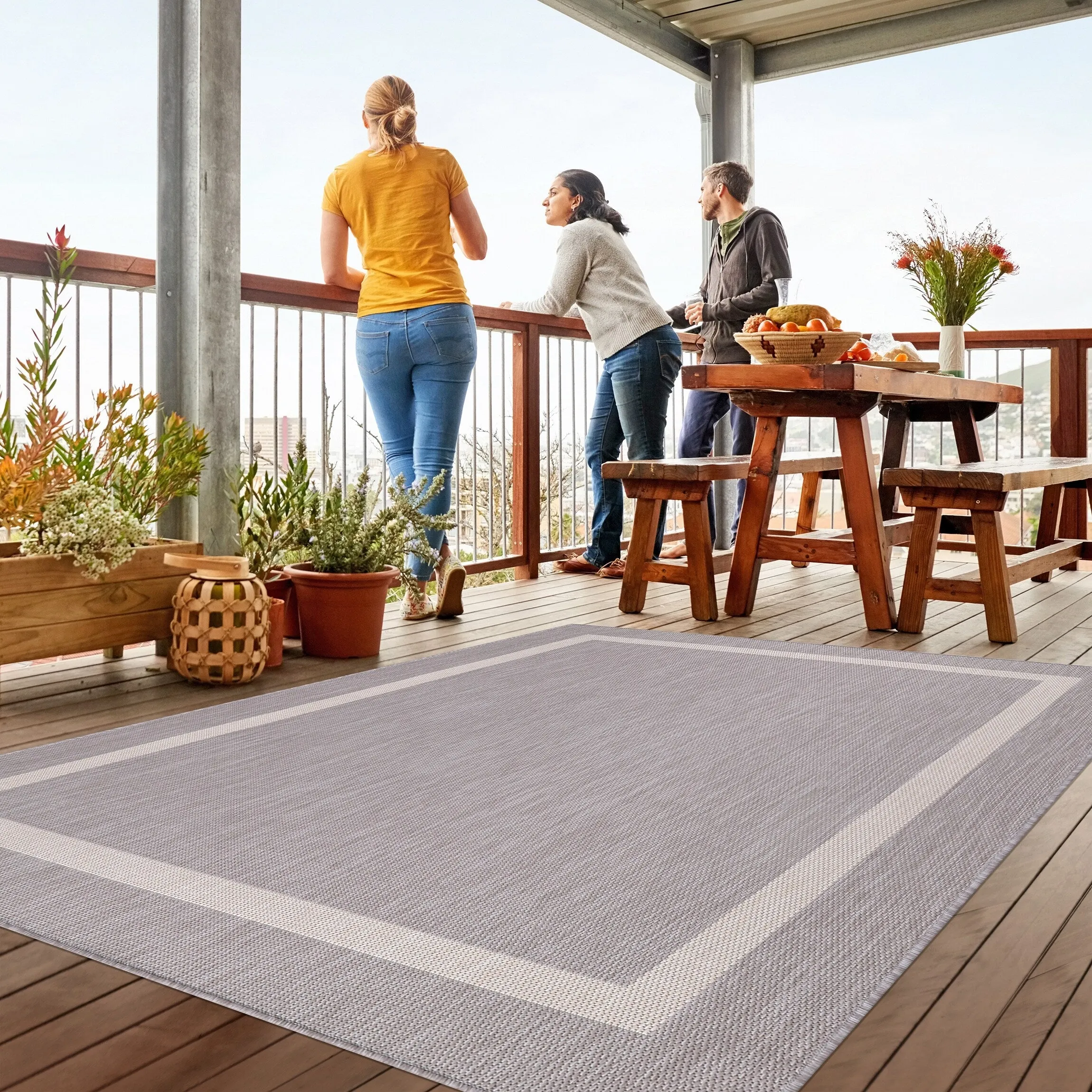Beverly Rug Bordered Indoor Outdoor Rug. Outside Carpet for Patio. Deck. Porch - Grey