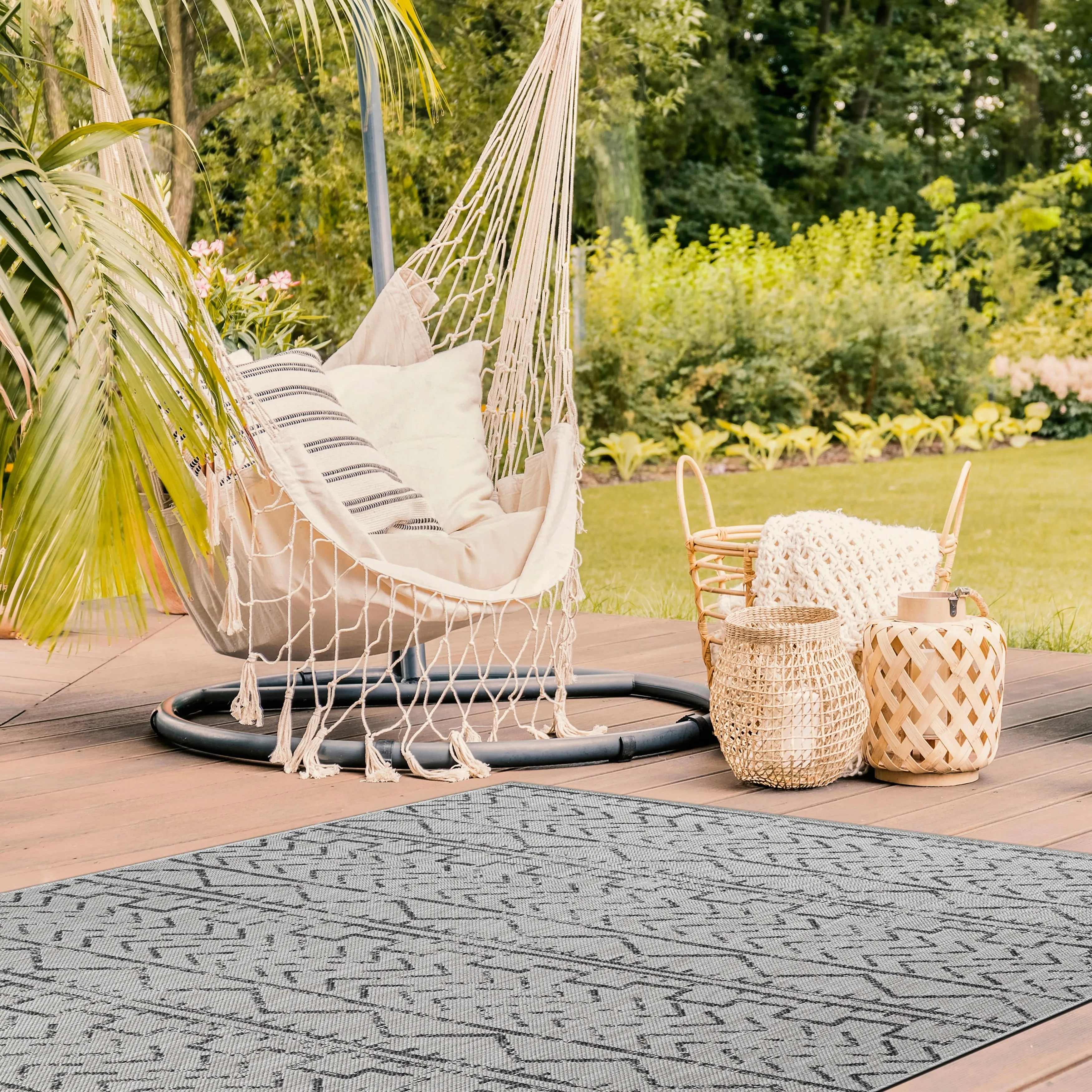 Beverly Rug Dark Grey Trellis Indoor Outdoor Rug. Outside Carpet for Patio. Deck. Porch