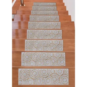 Beverly Rug Indoor Non Slip Carpet Stair Treads w/ Installed Tape 9x28 Circles Grey / Beige