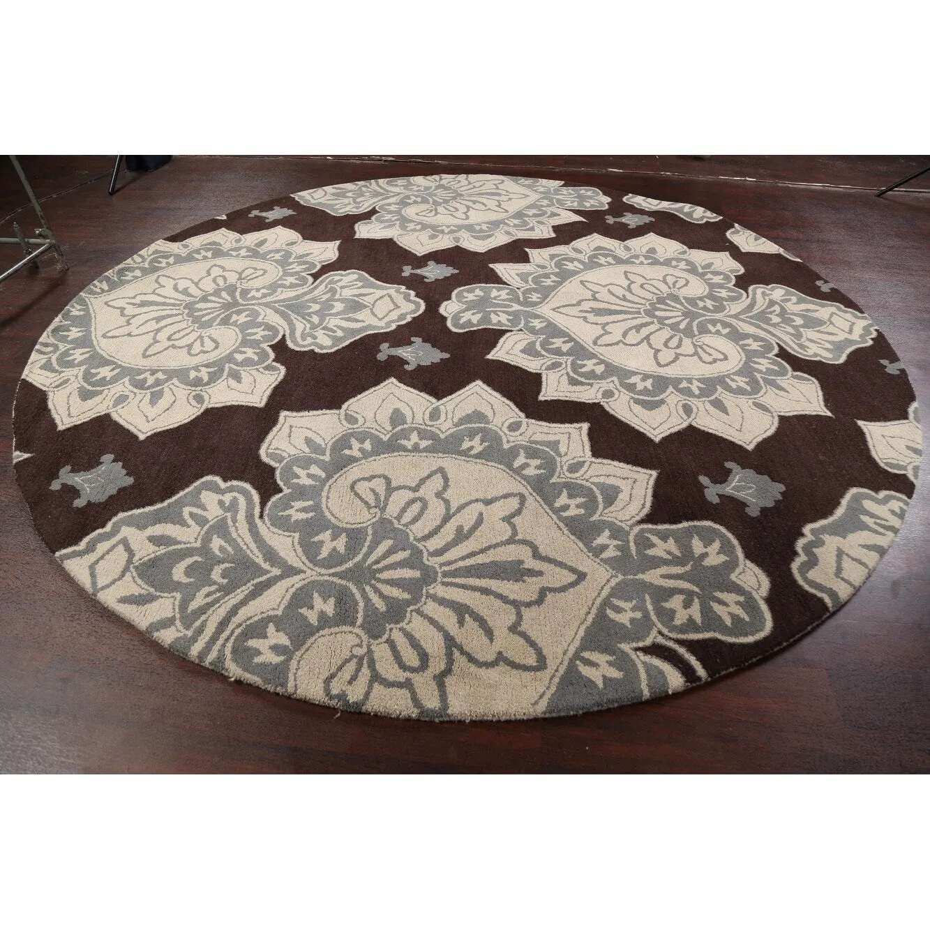 Brown Floral Oriental Dining Room Area Rug Hand-tufted Wool Carpet - 10'0 x 10'0 Round
