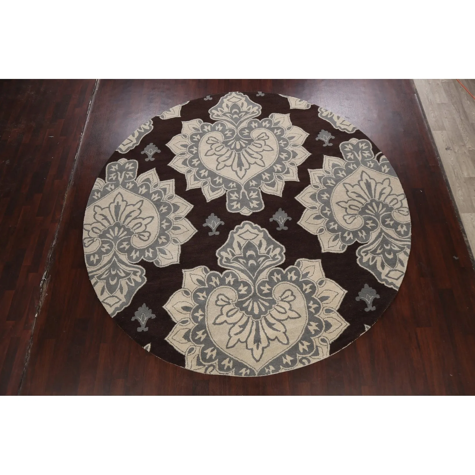 Brown Floral Oriental Dining Room Area Rug Hand-tufted Wool Carpet - 10'0 x 10'0 Round