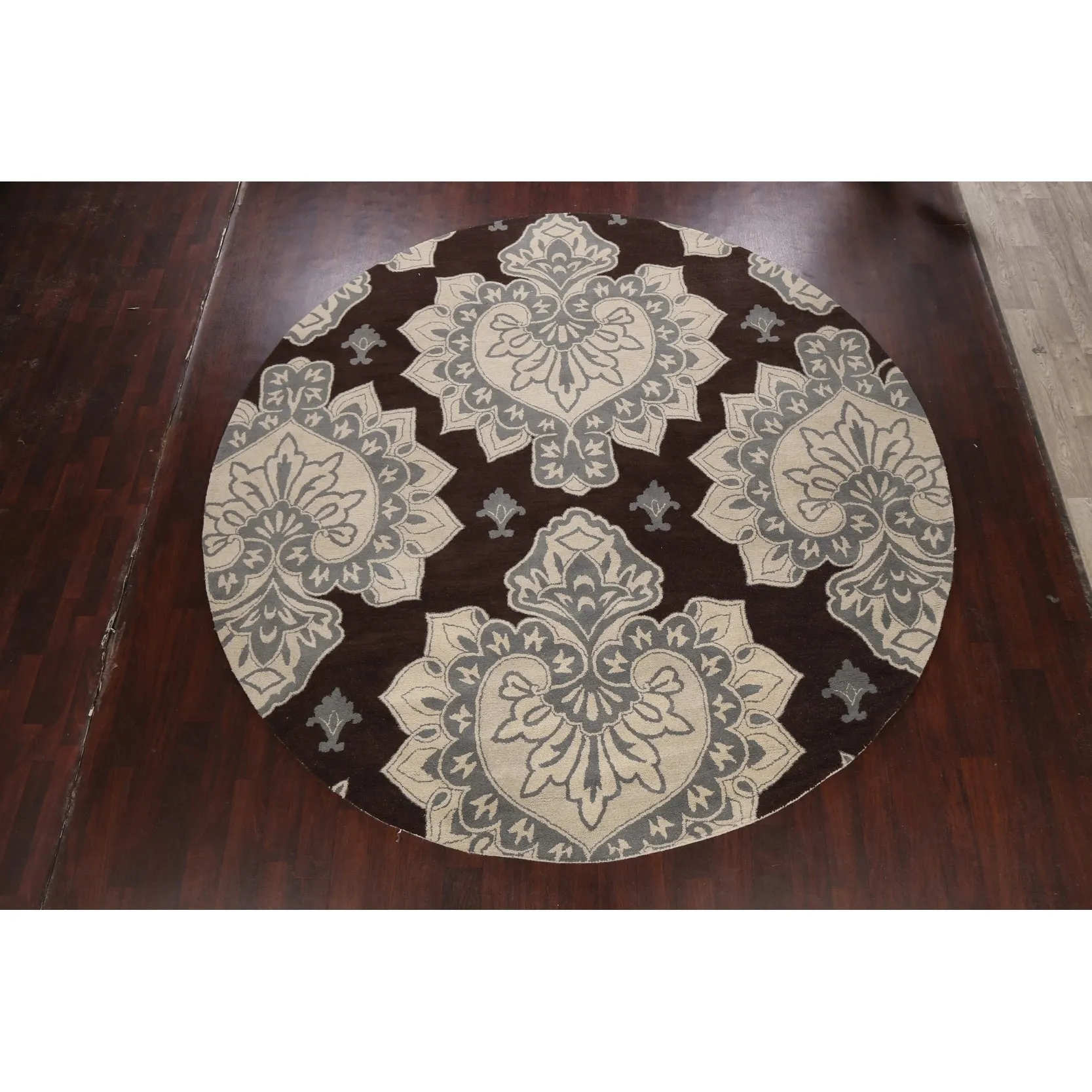 Brown Floral Oriental Dining Room Area Rug Hand-tufted Wool Carpet - 10'0 x 10'0 Round