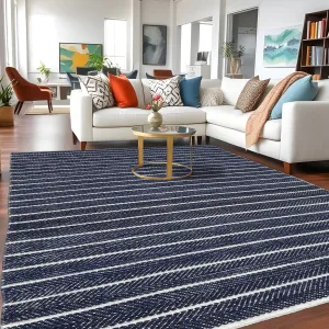 Coastal Flatweave Handwoven Rug Blue/Beige Directional Stripe Wool Rug