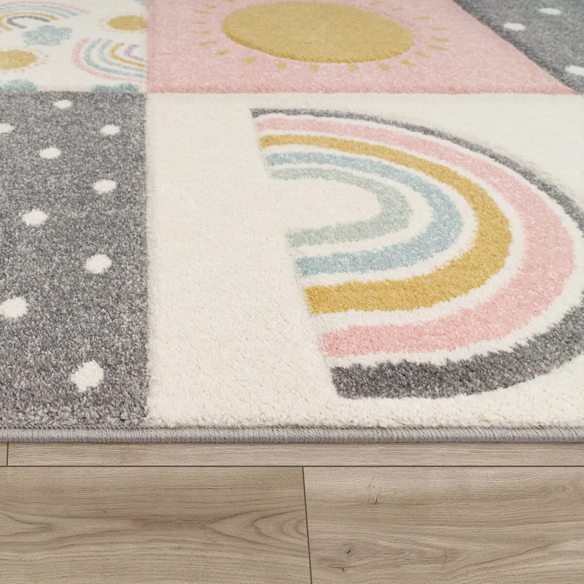 Colorful Kids Rug for Girls Room with Rainbows & Clouds in Pink