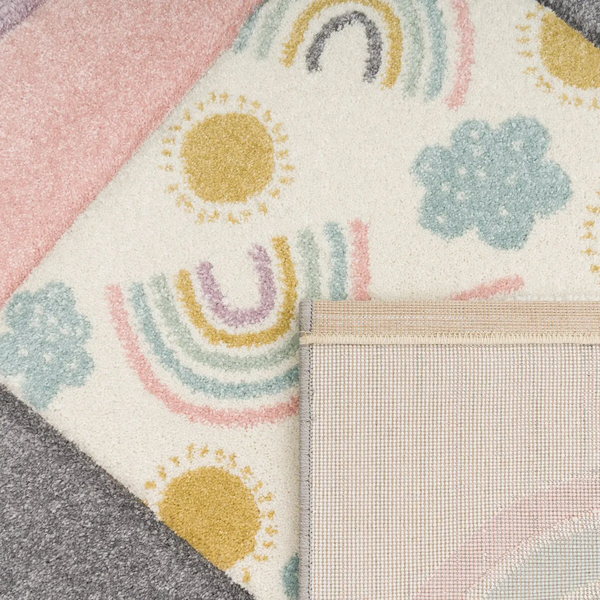 Colorful Kids Rug for Girls Room with Rainbows & Clouds in Pink