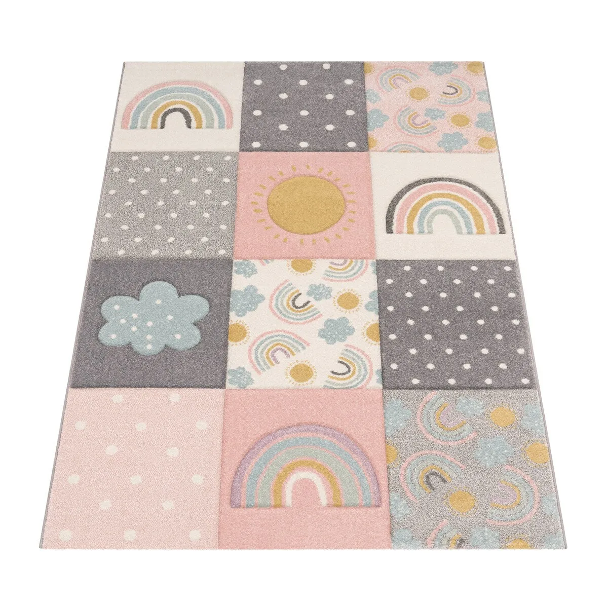Colorful Kids Rug for Girls Room with Rainbows & Clouds in Pink