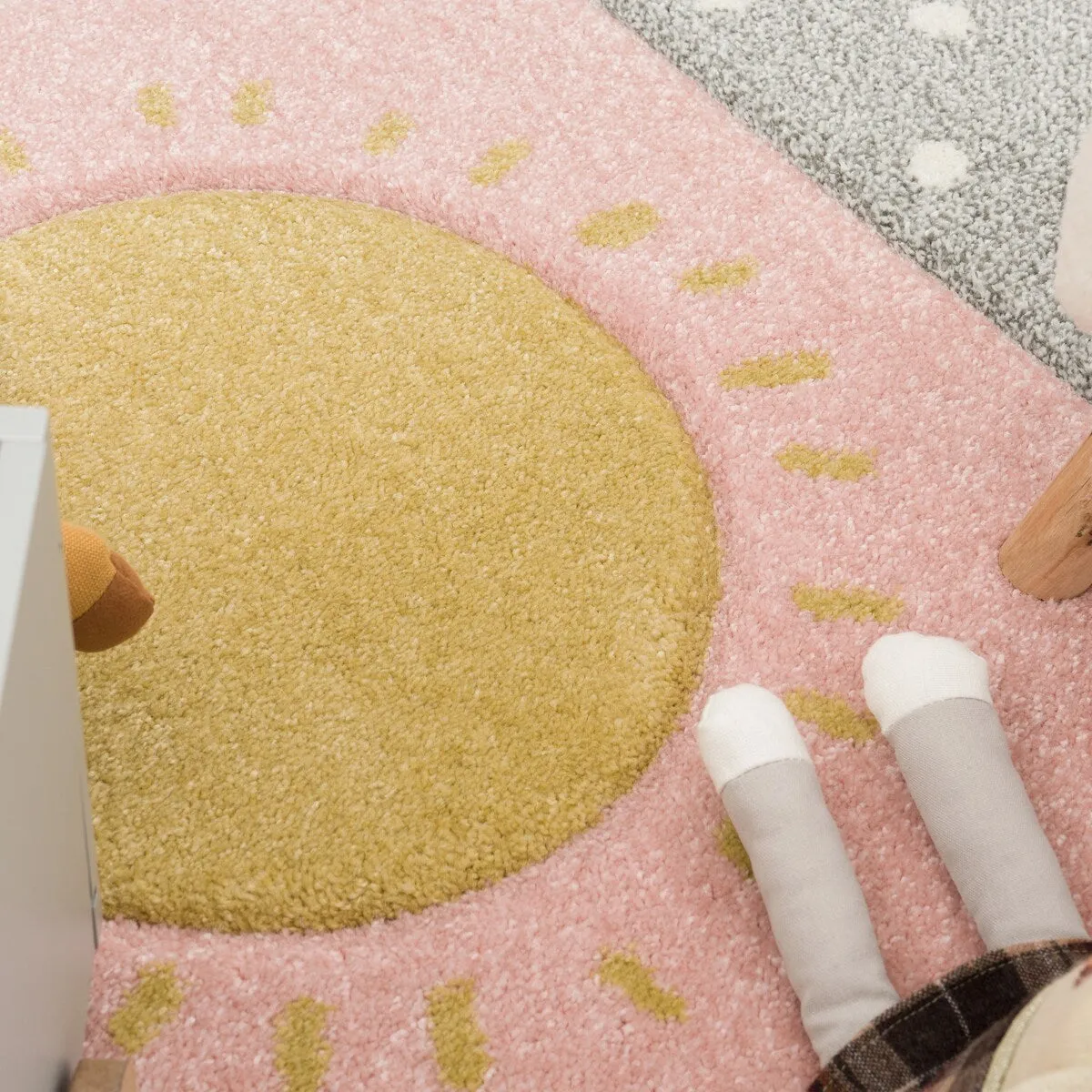 Colorful Kids Rug for Girls Room with Rainbows & Clouds in Pink