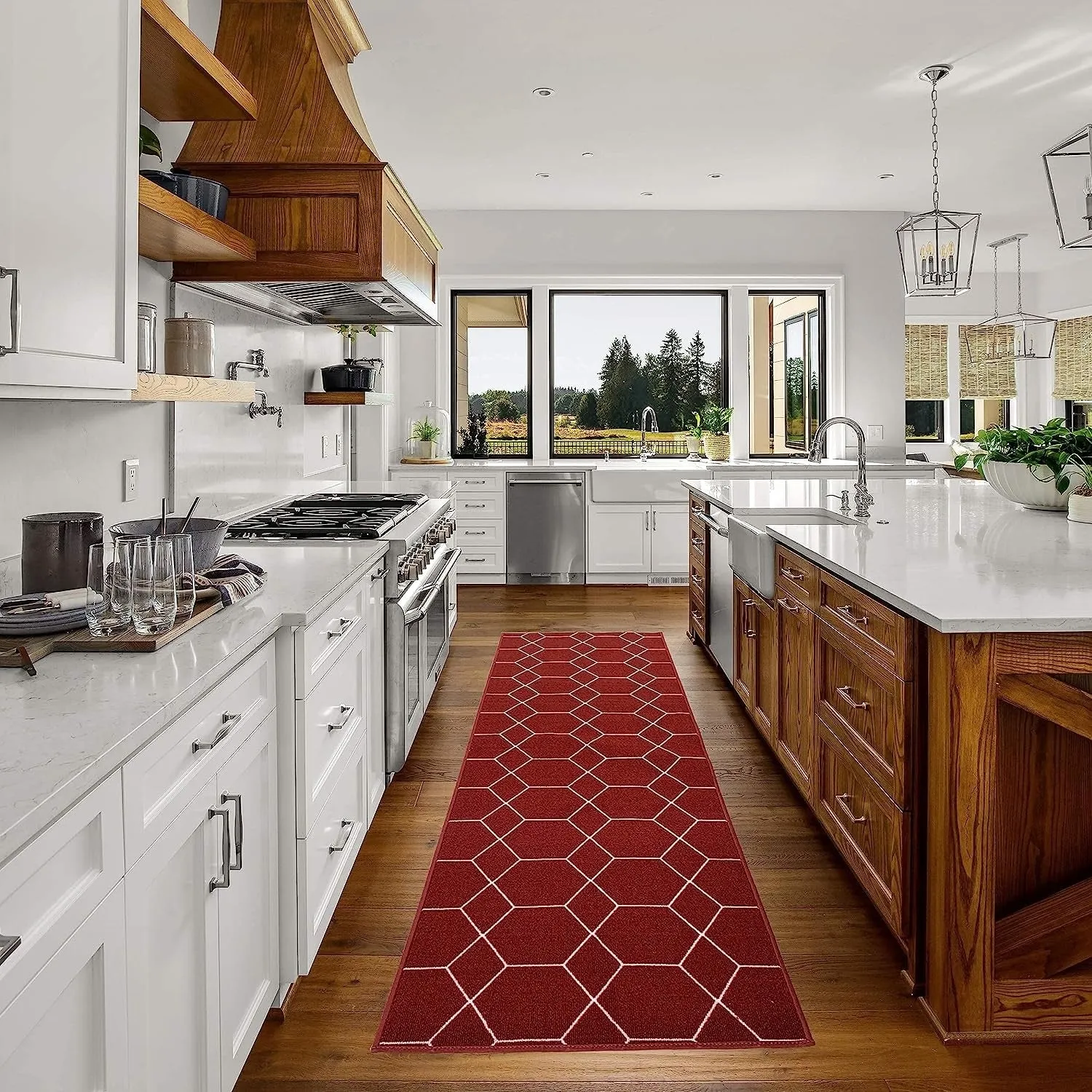 Custom Size Hexagon Design Brown.Gray.Red Color Non-Slip Rubber Backing-26 Inch WidexYour Choice of Length Runner Rug
