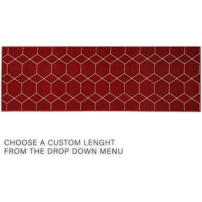 Custom Size Hexagon Design Brown.Gray.Red Color Non-Slip Rubber Backing-26 Inch WidexYour Choice of Length Runner Rug