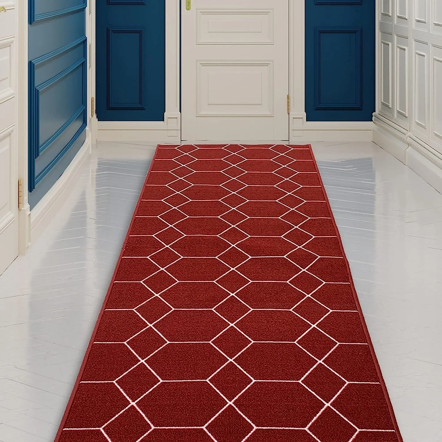 Custom Size Hexagon Design Brown.Gray.Red Color Non-Slip Rubber Backing-26 Inch WidexYour Choice of Length Runner Rug