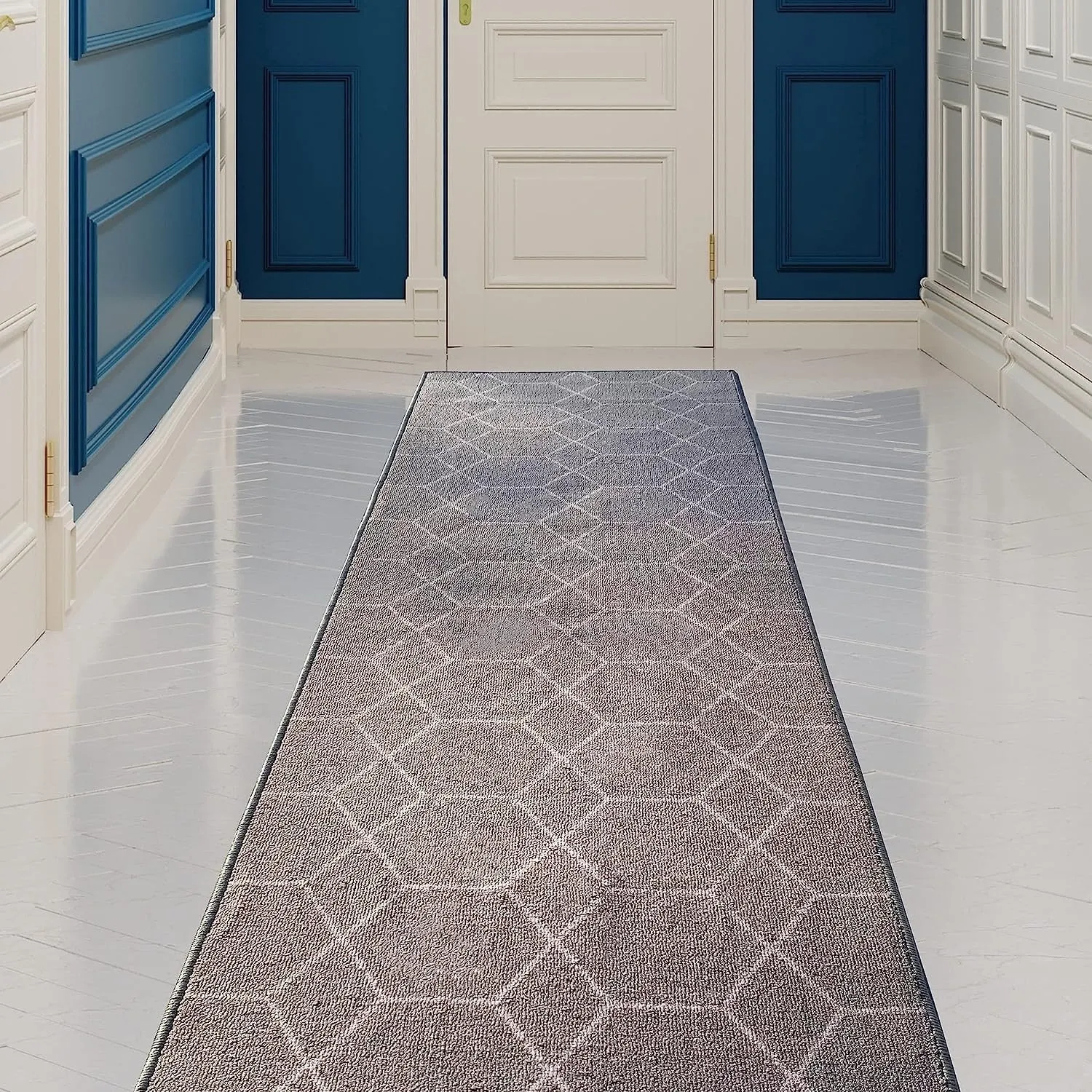 Custom Size Hexagon Design Brown.Gray.Red Color Non-Slip Rubber Backing-26 Inch WidexYour Choice of Length Runner Rug