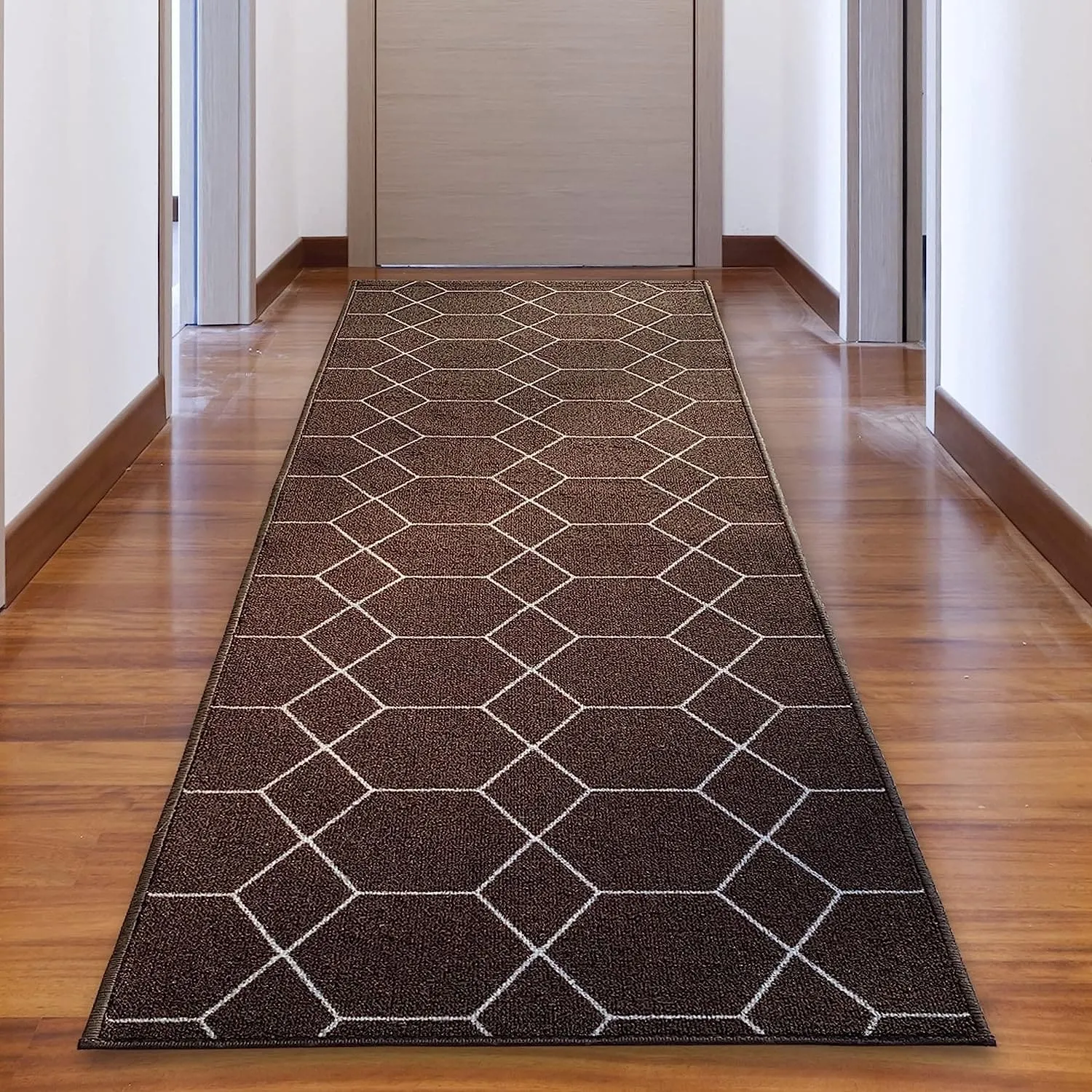 Custom Size Hexagon Design Brown.Gray.Red Color Non-Slip Rubber Backing-26 Inch WidexYour Choice of Length Runner Rug