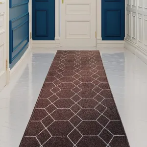 Custom Size Hexagon Design Brown.Gray.Red Color Non-Slip Rubber Backing-26 Inch WidexYour Choice of Length Runner Rug
