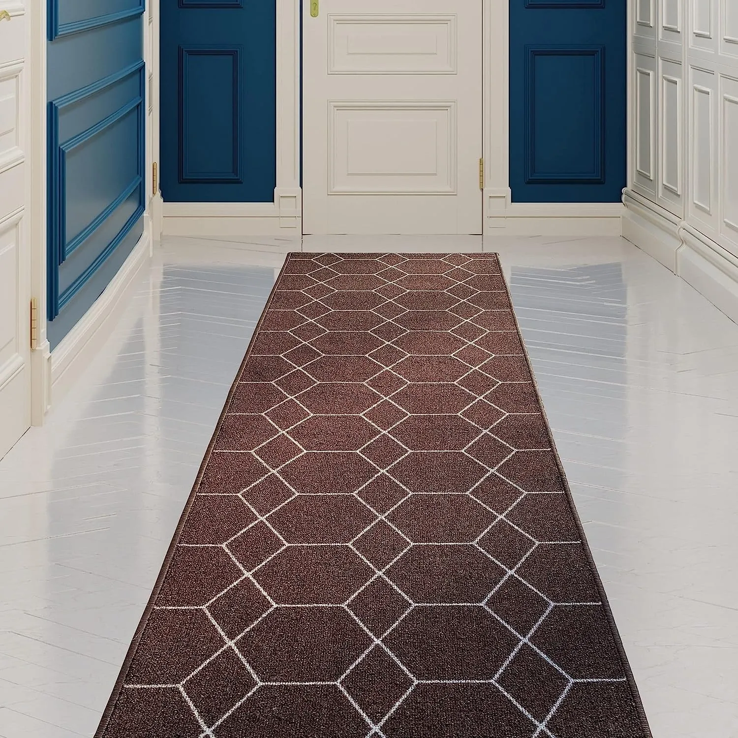 Custom Size Hexagon Design Brown.Gray.Red Color Non-Slip Rubber Backing-26 Inch WidexYour Choice of Length Runner Rug