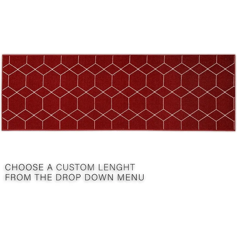 Custom Size Hexagon Design Brown.Gray.Red Color Non-Slip Rubber Backing- 31 Inch WidexYour Choice of Length Runner Rug