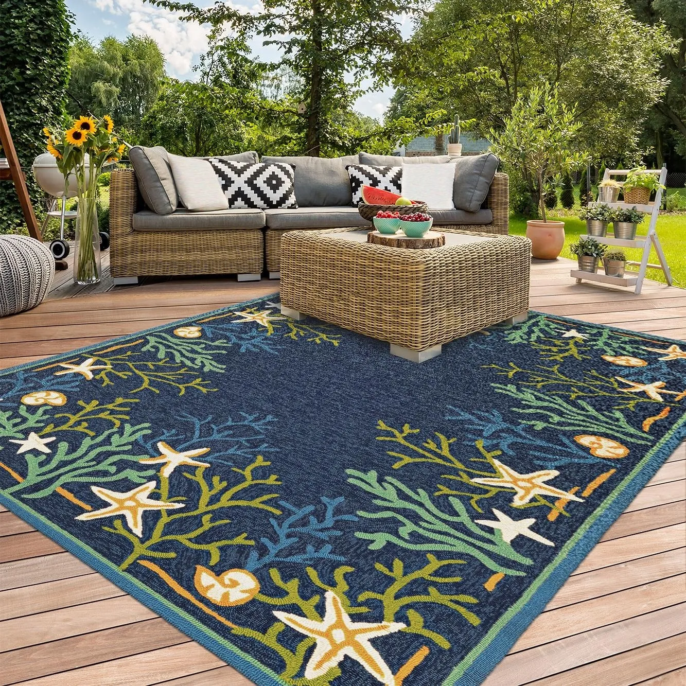 Dream Decor Rugs Picadilly Coral Reef Blue Green Outdoor Area Rug