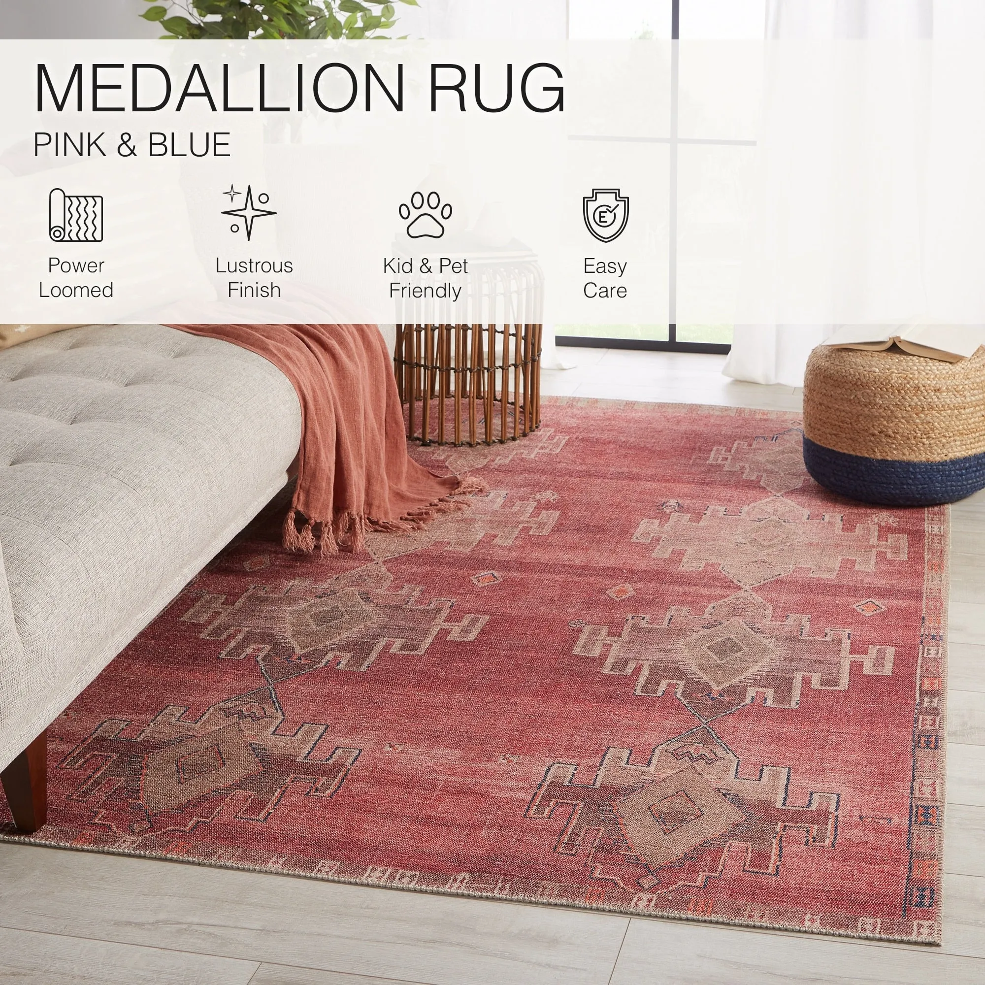 Evadne Machine Washable Medallion Pink/ Blue Area Rug