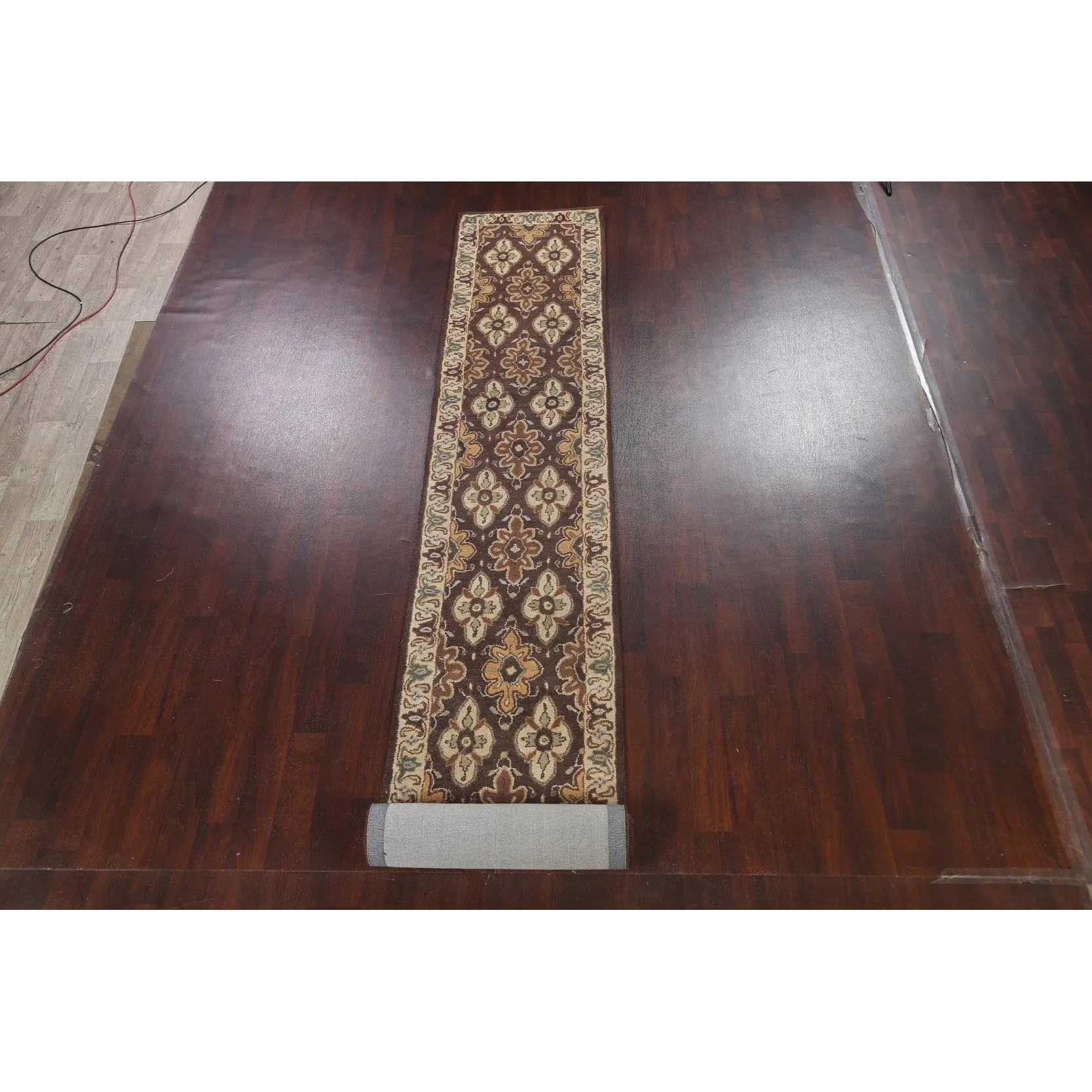 Floral Brown Traditional Oriental Runner Rug Hand-tufted Wool Carpet - 2'7 x 19'3