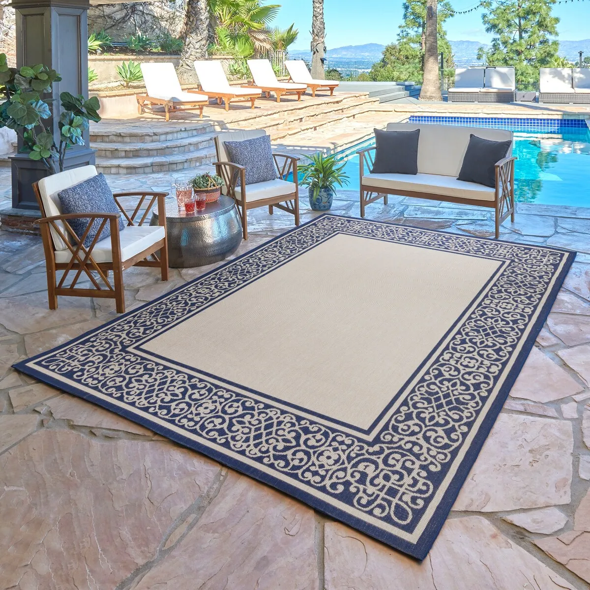 Gertmenian Paseo Tedo Navy Transitional Scroll Boarder Indoor/ Outdoor Area Rug