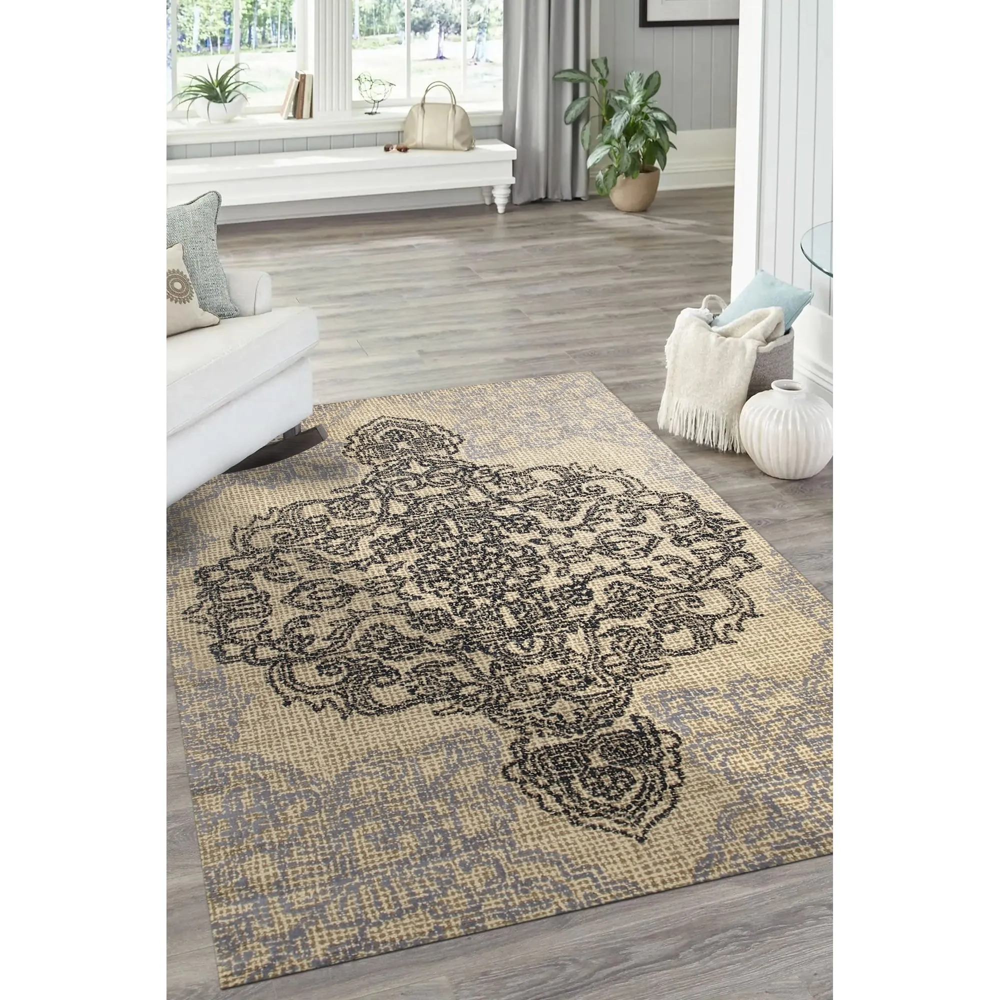 Hand-Tufted Wool Medallion Rug. Elegant Ivory Area Rug for Living Room. Bedroom. Office. Home Dcor. Stylish