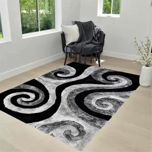 HR Silver. Gray. Black Shag Rug for Living Room Decor Rug Trends Bright Modern Swirls Pattern. 3-D Curved Shaggy Rug