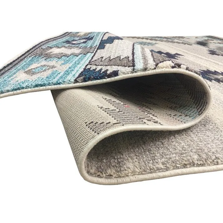 HR Southwestern Native American Modern Faded Area Rug Navy Gray Aqua