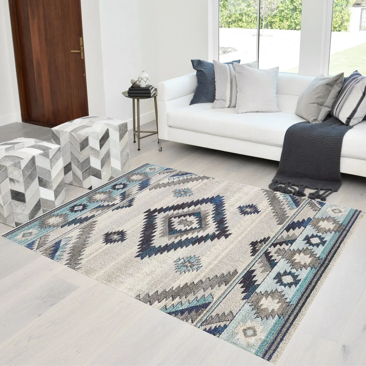 HR Southwestern Native American Modern Faded Area Rug Navy Gray Aqua