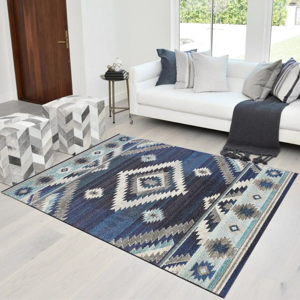HR Southwestern Native American Modern Faded Area Rug Navy Gray Aqua