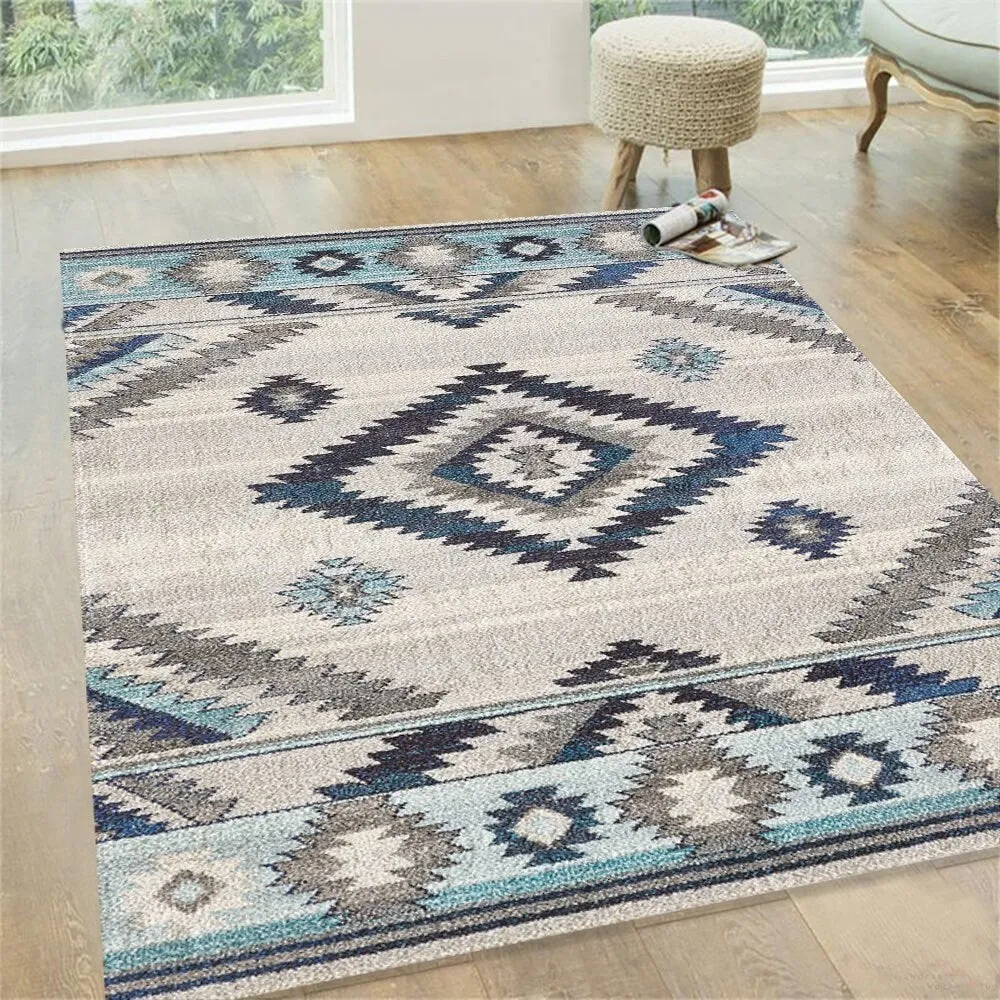 HR Southwestern Native American Modern Faded Area Rug Navy Gray Aqua