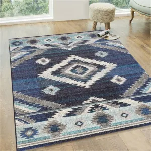 HR Southwestern Native American Modern Faded Area Rug Navy Gray Aqua