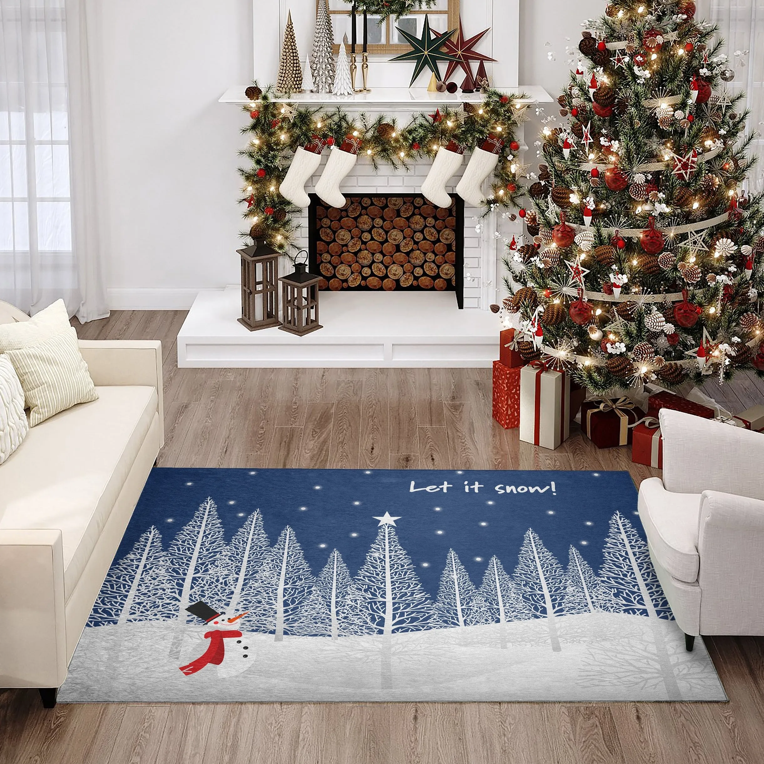 Indoor/ Outdoor Cozy Winter Blue Washable Let It Snowman Rug