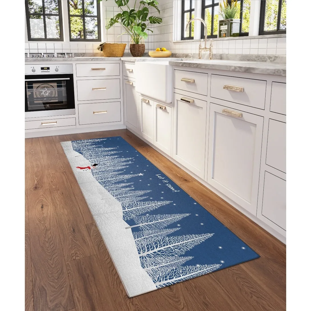 Indoor/ Outdoor Cozy Winter Blue Washable Let It Snowman Rug