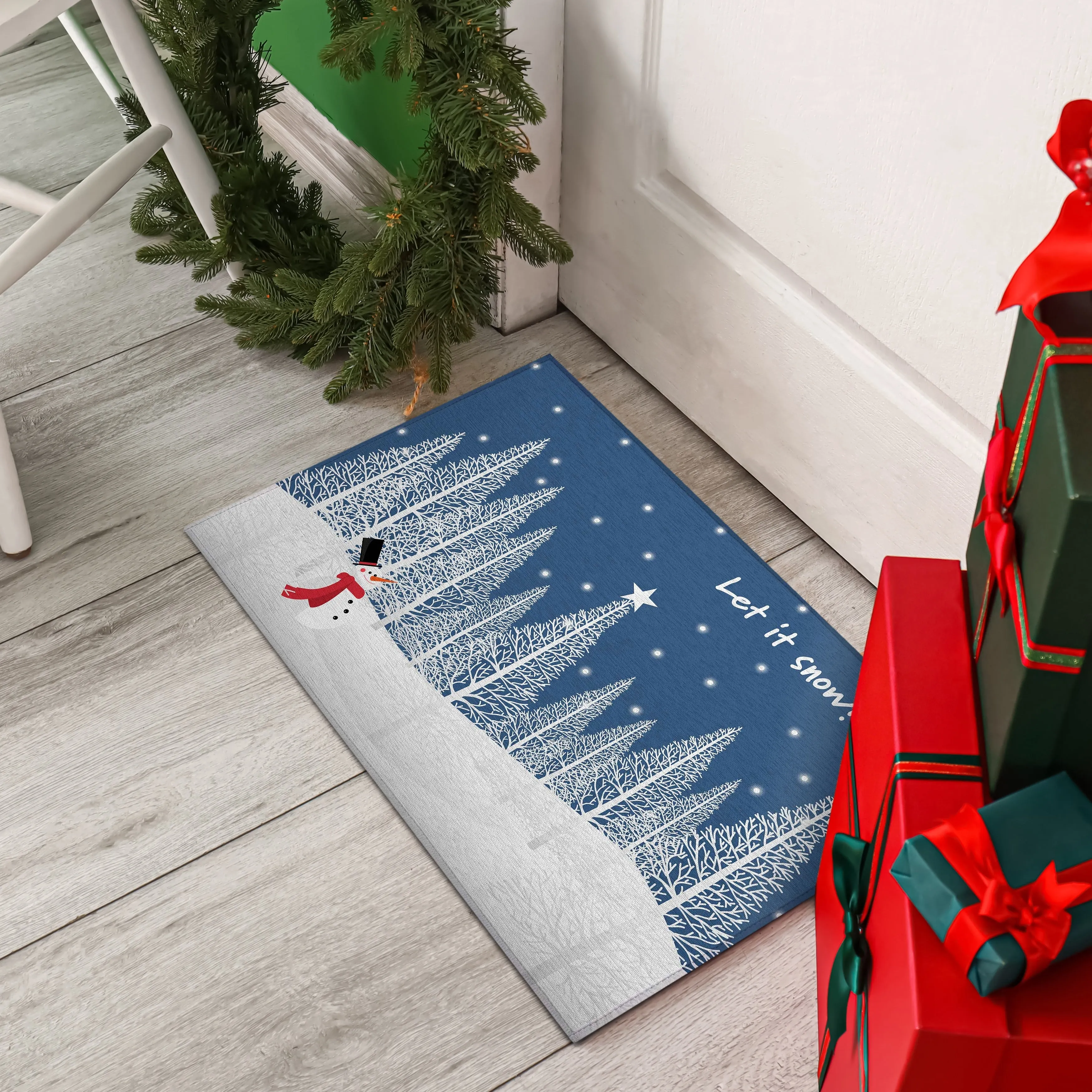 Indoor/ Outdoor Cozy Winter Blue Washable Let It Snowman Rug