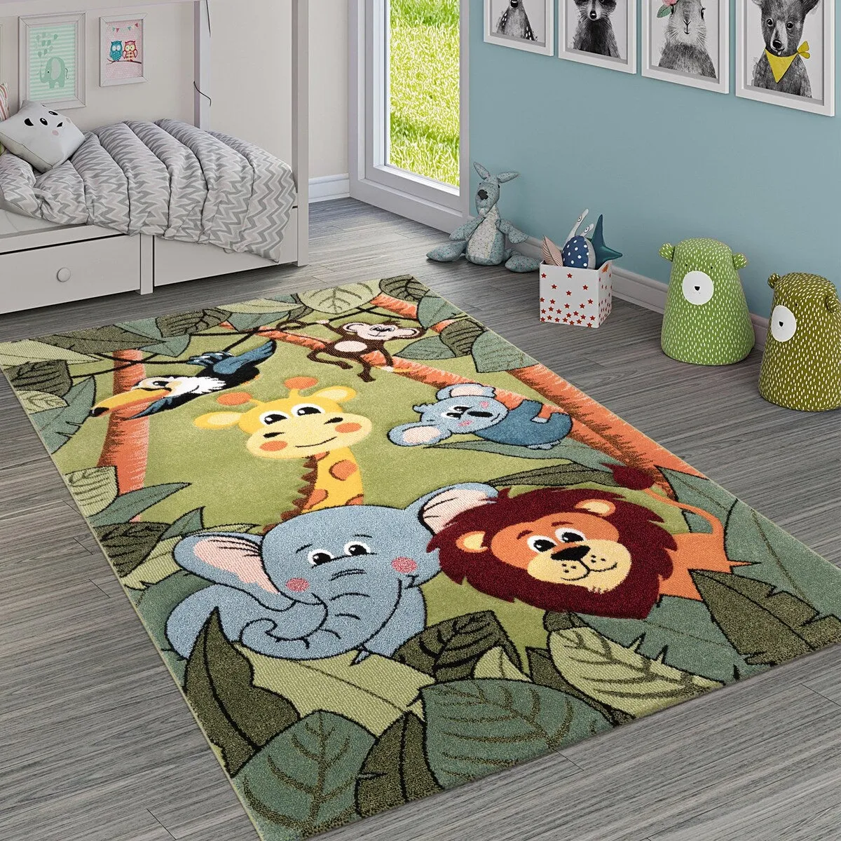 Kids Rug for childrens room with Jungle Animals in Green