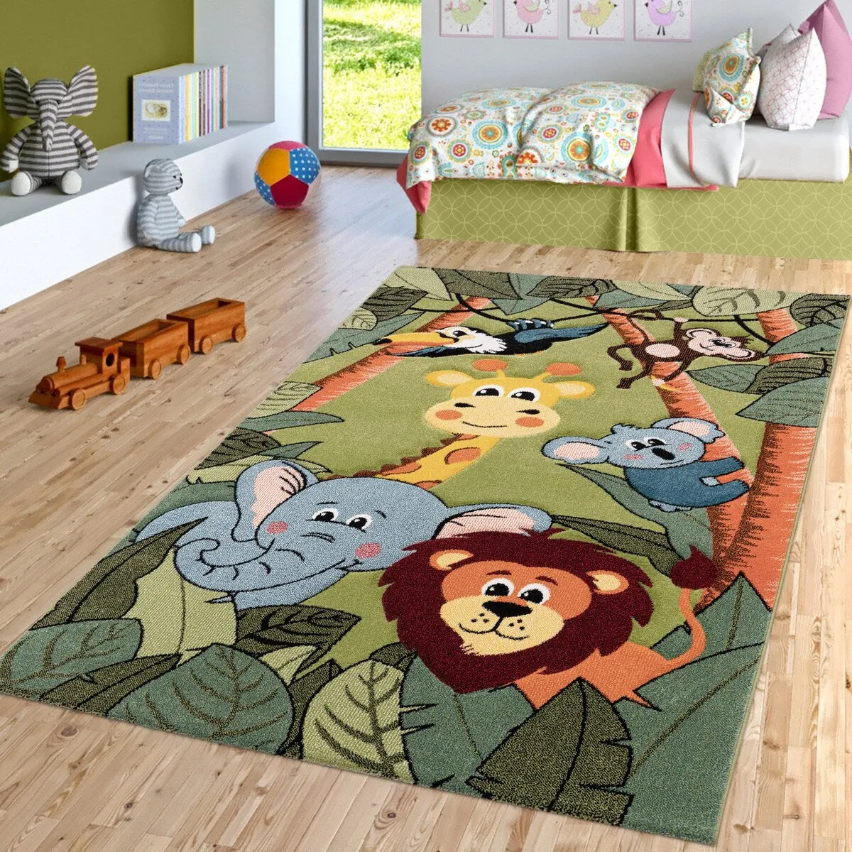 Kids Rug for childrens room with Jungle Animals in Green