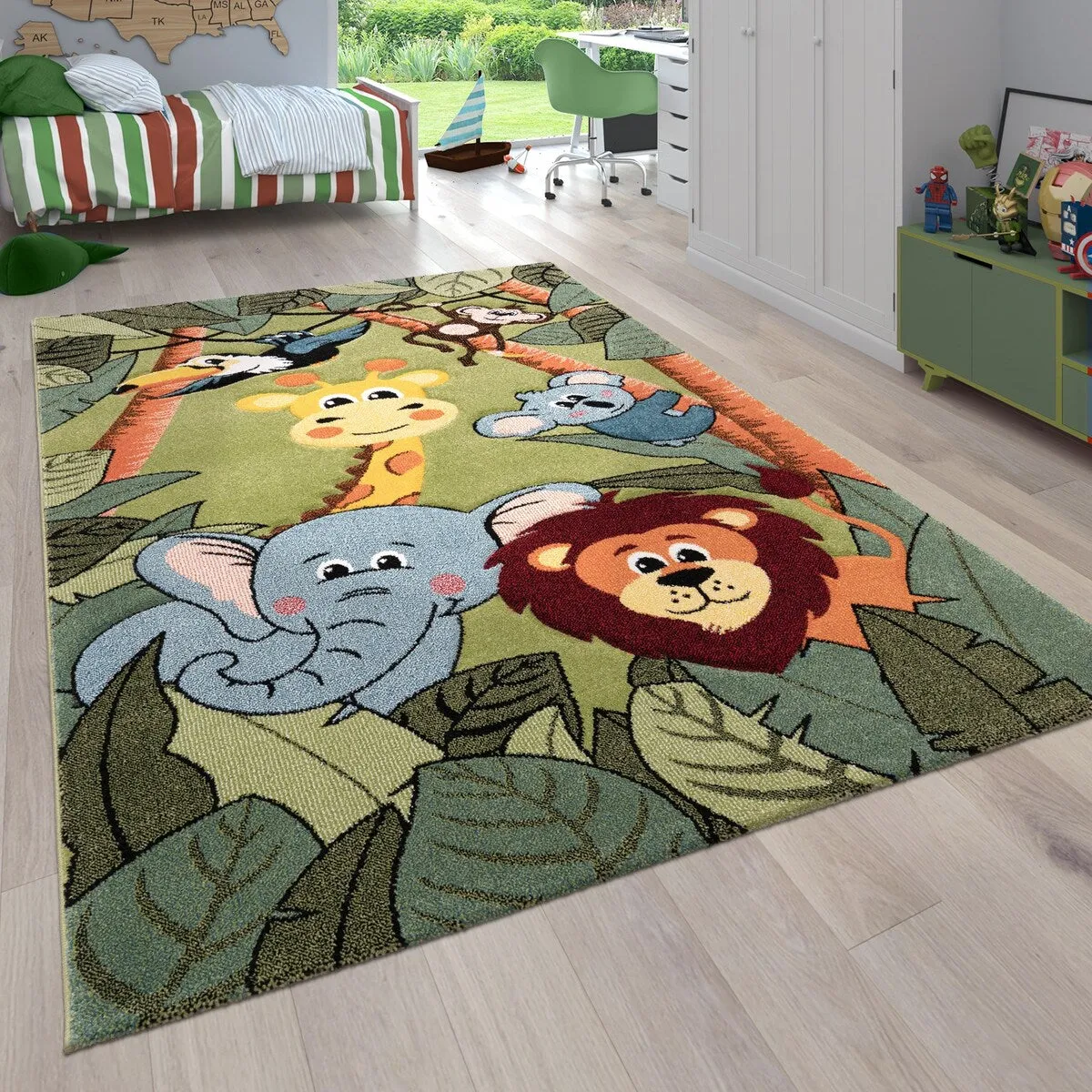 Kids Rug for childrens room with Jungle Animals in Green