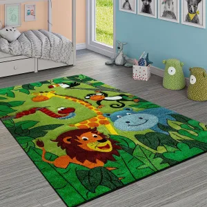 Kids Rug for childrens room with Jungle Animals in Green
