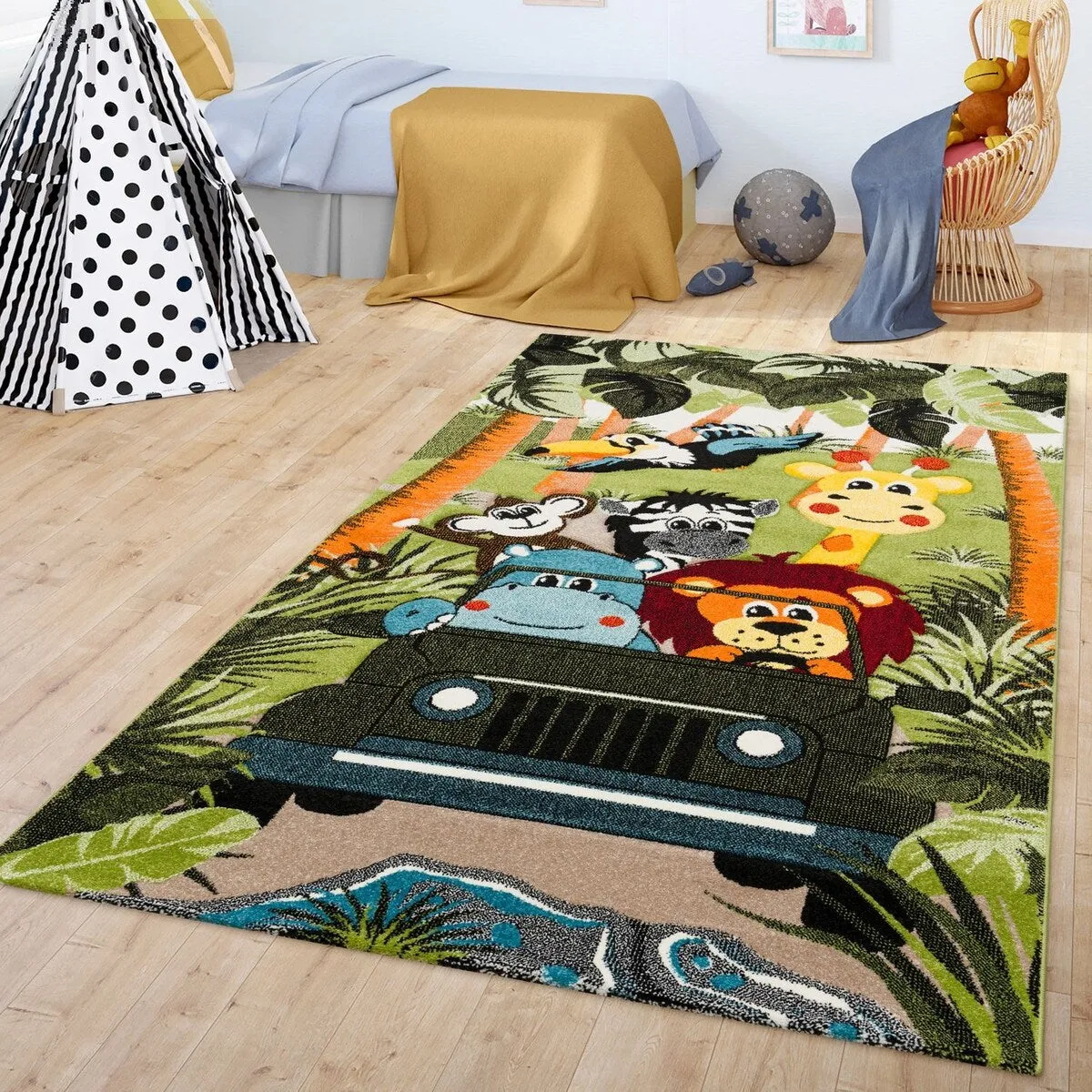 Kids Rug Jungle Safari Motif with Lion Hippo Monkey and Giraffe