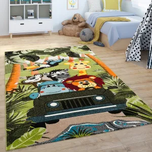 Kids Rug Jungle Safari Motif with Lion Hippo Monkey and Giraffe