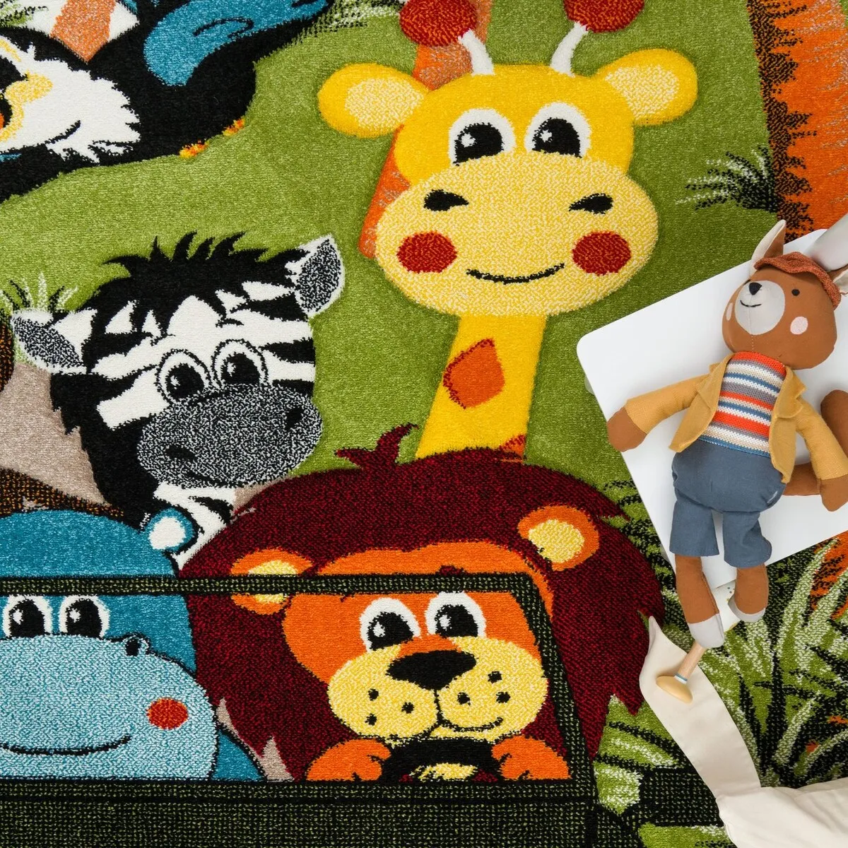 Kids Rug Jungle Safari Motif with Lion Hippo Monkey and Giraffe