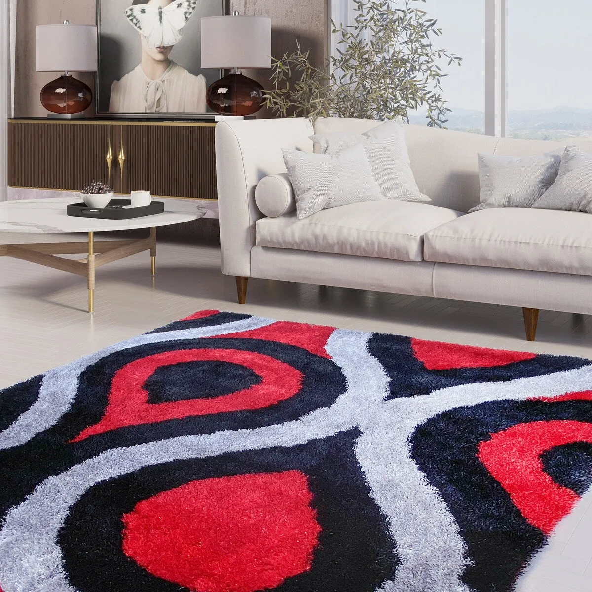 LA Rug Linens 3D Modern Geometric Circles Shag Area Rug