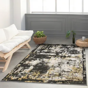 Lela Collection Neutral Ivory. Black. and Gold Abstract Polyester Rug