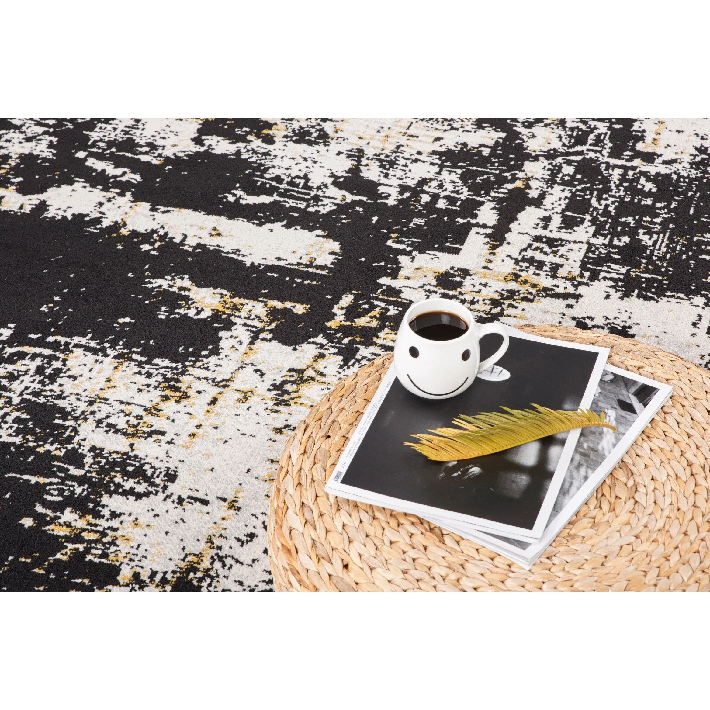 Lela Collection Neutral Ivory. Black. and Gold Abstract Polyester Rug