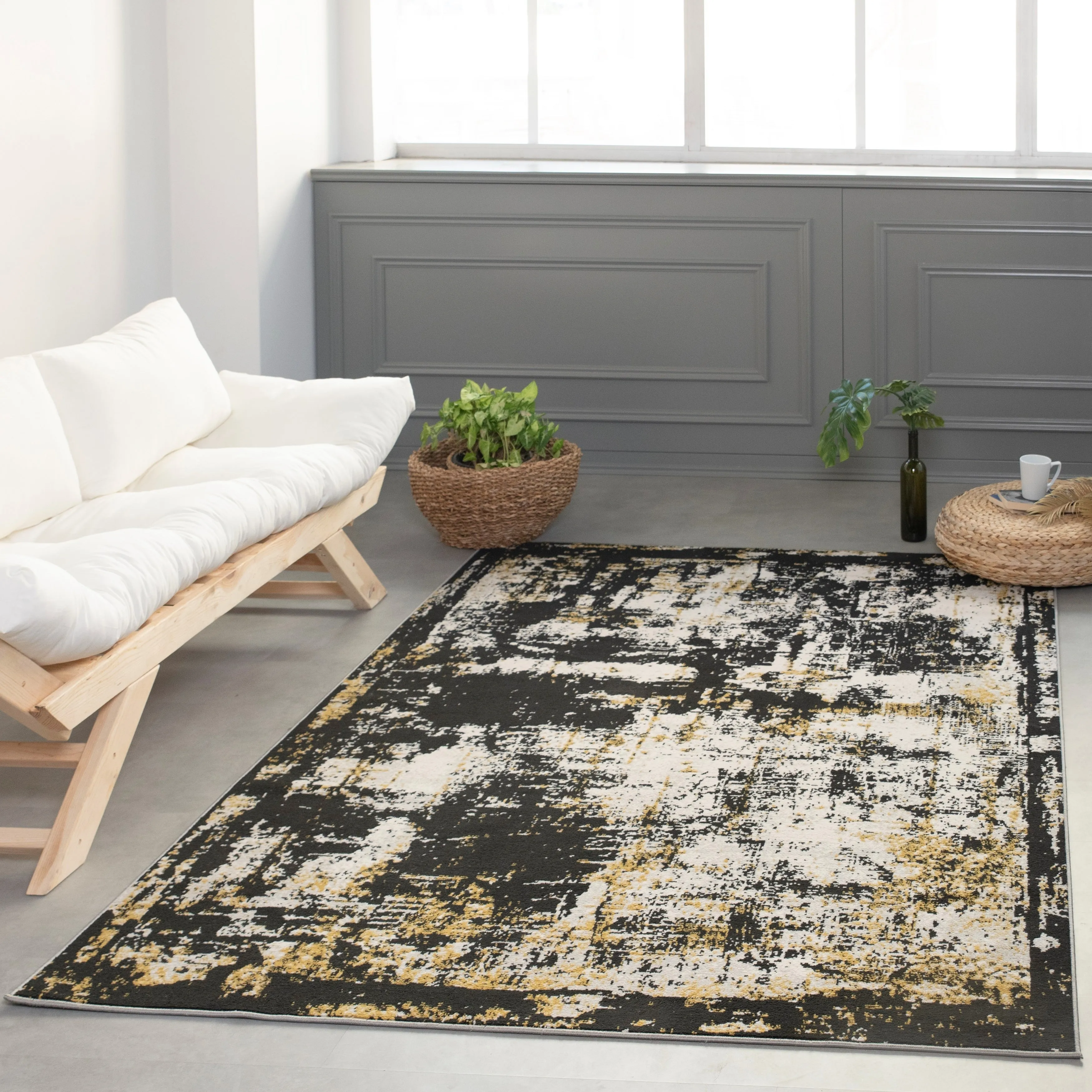 Lela Collection Neutral Ivory. Black. and Gold Abstract Polyester Rug