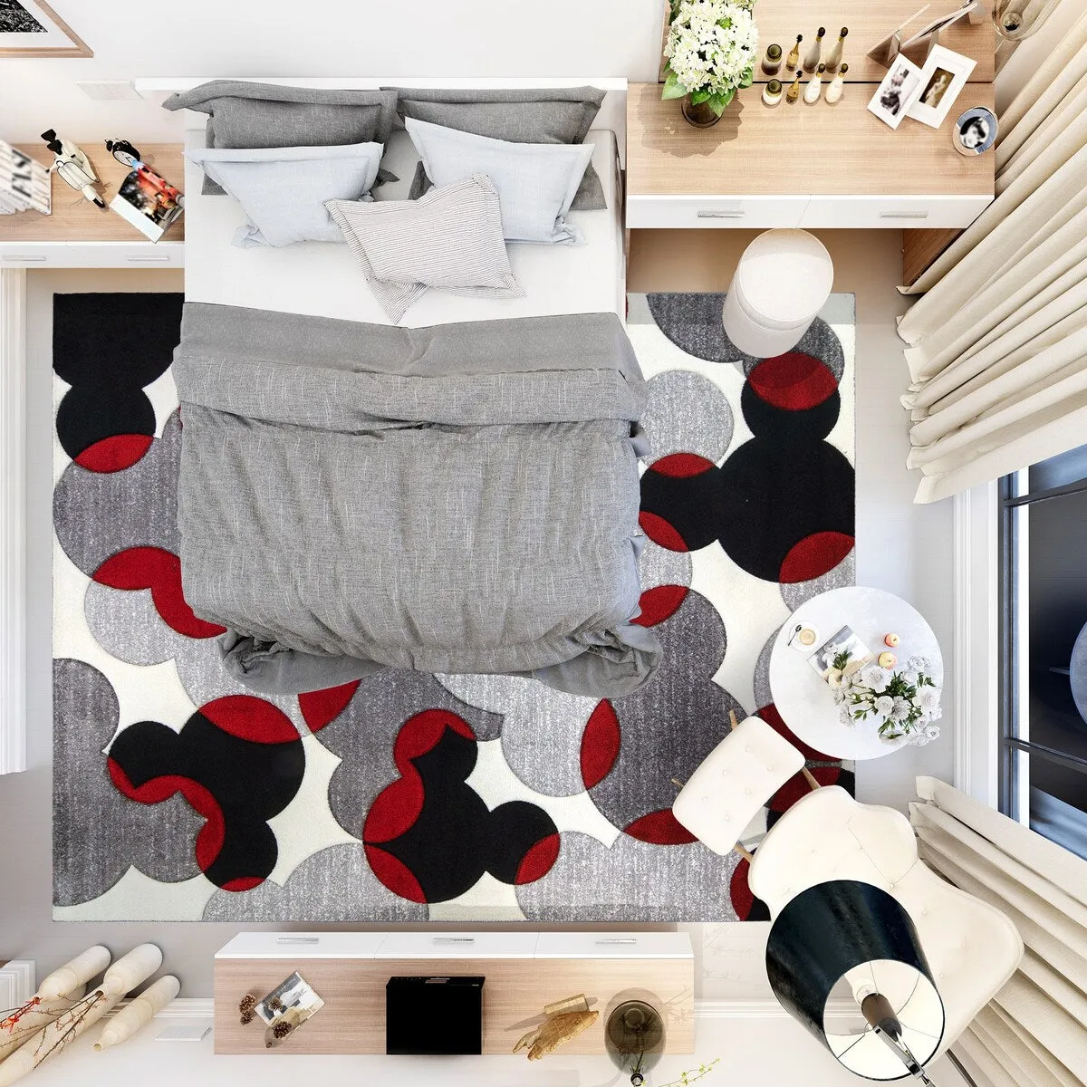 Licensed Disney Mickey Mouse Bravo Toss Modern Geometric Mickey Head Red/ Grey/ Ivory Indoor Area Rug
