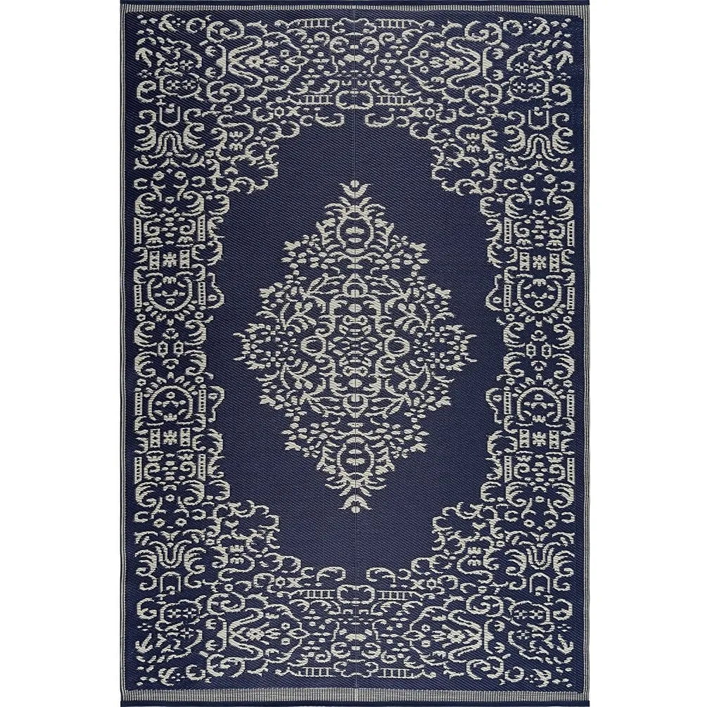 Lightweight Indoor Outdoor Reversible Plastic Area Rug - 5.9 x 8.9 Feet - Medallion Oriental- Blue - 5'9 x 8'9