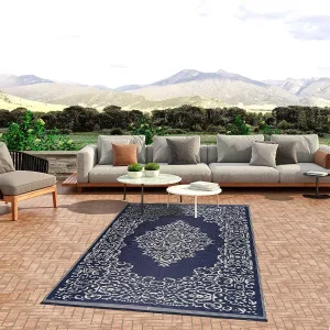 Lightweight Indoor Outdoor Reversible Plastic Area Rug - 5.9 x 8.9 Feet - Medallion Oriental- Blue - 5'9 x 8'9