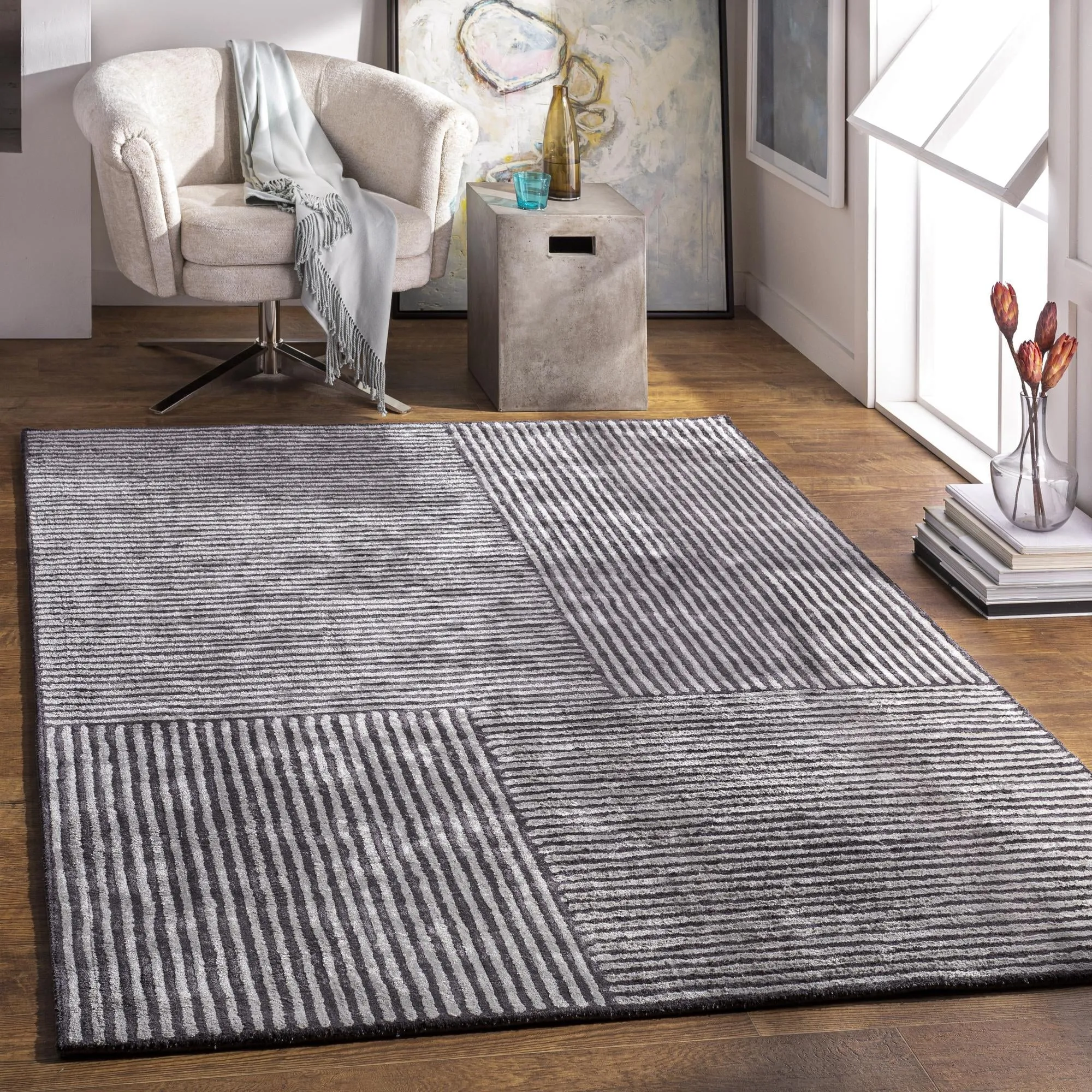 Livabliss Quartz Minimalist Stripe Hand Tufted Area Rug