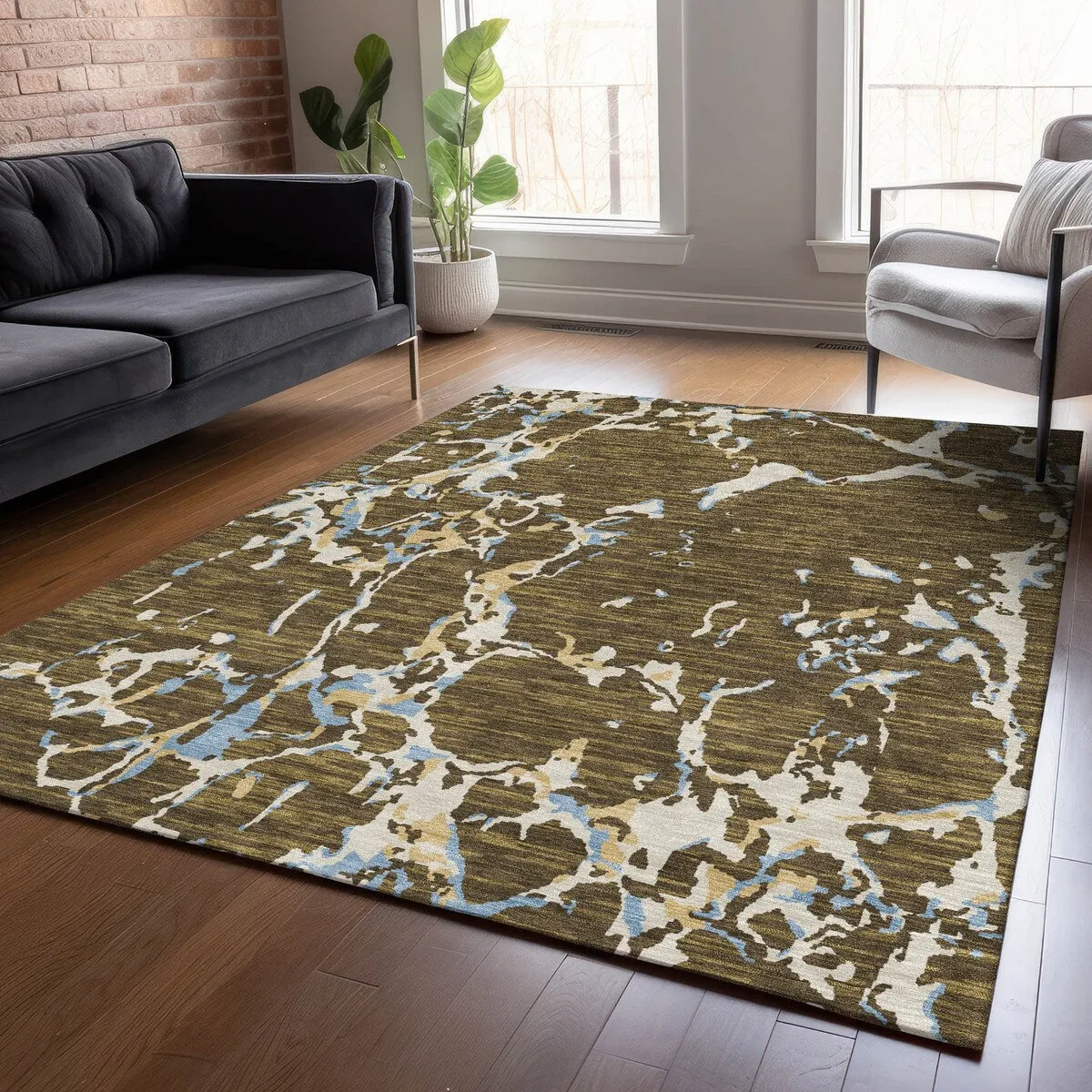 Machine Washable Indoor/ Outdoor Abstract Camo Chantille Rug