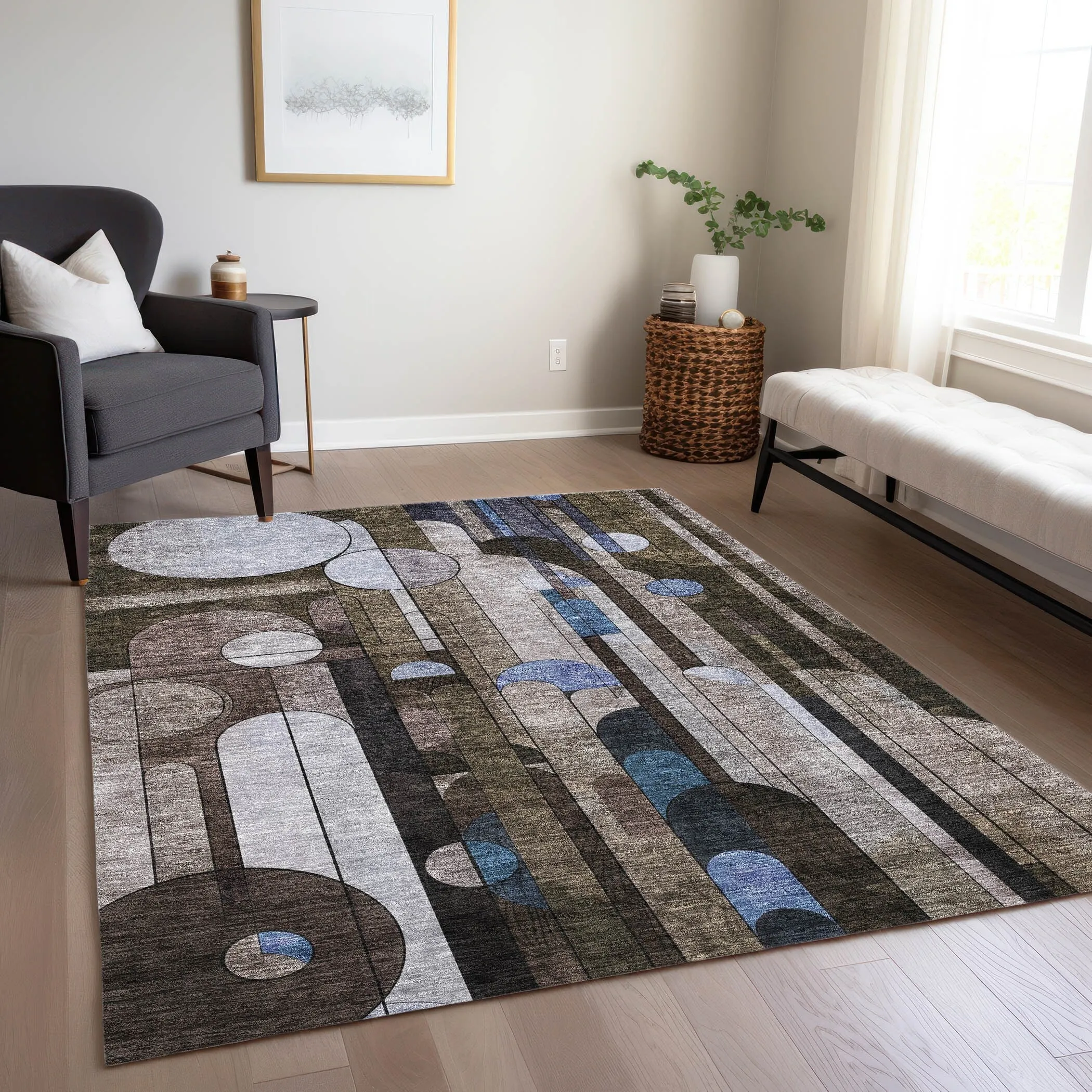 Machine Washable Indoor/ Outdoor Abstract Deco Chantille Rug